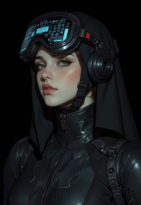 A highly detailed digital illustration in a futuristic, sci-fi style, featuring a close-up of a woman wearing an avant-garde matte black spacesuit with intricate, high-tech designs. The suit is sleek and non-reflective, its deep black surface absorbing light while showcasing sharp geometric patterns and asymmetrical contours that merge functionality with futuristic fashion. Her helmet, a technological masterpiece, features a large transparent digital screen visor, displaying real-time data such as radioactive values and environmental statistics, seamlessly overlaid without obstructing her vision. The faint glow of the digital interface contrasts with the matte black aesthetic, subtly illuminating her almond-shaped eyes, accentuated by minimalist makeup, and her softly pink lips. Her pale, smooth complexion carries a gentle blush, standing out against the monochromatic tones of her suit and surroundings. The background is also matte black, an endless void that enhances the sleek modernity of the design, emphasizing her presence against the dark expanse. The absence of reflective surfaces creates an atmosphere of depth and mystery, immersing the viewer in a moment of cutting-edge technological sophistication and futuristic elegance. ((vintagegirls))