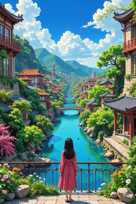 asian city beautiful  landscape, day, woman, very intricate, very detailed, sharp, bright, colorful, <lora:Hand v2:0.5> <lora:Anti-Blur:1><lora:Insane Detail Slider:0.25>  <lora:flux.1_lora_flyway_Epic-detail_v2:0.3> <lora:fluxenhancer:0.25> <lora:Anime_style:0.6> anime style