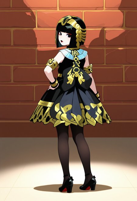 best hands, 5 fingers, <lora:Atropos_IL1.1:1>looking at viewer, No expression,
(from behind:1.2), looking back,
Atropos, 1girl, solo, black short hair, blunt bangs, black eyes, Red and black lips, makeup, jewelry,
necklace, black sleeveless dress, bracelet, armlet, egyptian, black pantyhose, Black Pumps
Illustration, hand on own hip,
BREAK indoors, brick wall, shadow,