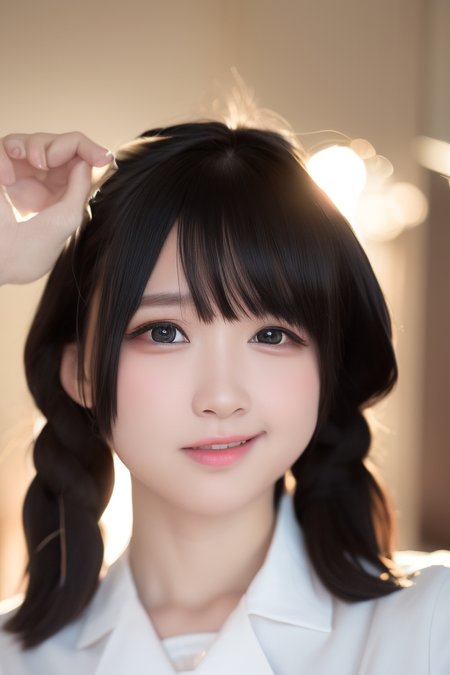 aliga, black hair, short hair, 1girl,ulzzang-6500-v0.7, (raw photo:1.2), ((photorealistic:1.4))best quality ,masterpiece, illustration, an extremely delicate and beautiful, extremely detailed ,CG ,unity ,8k wallpaper, Amazing, finely detail, masterpiece,official art,extremely detailed CG unity 8k wallpaper,,cute,{{student}},{{{school uniform}}},ama usa an uniform,  <lora:AligaLora_v1:0.8>,