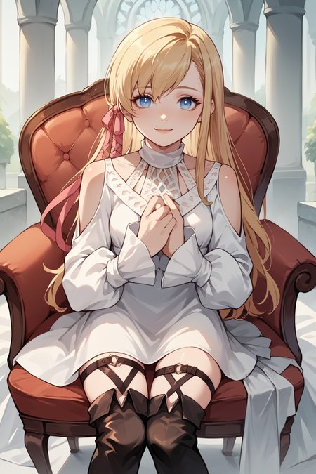 score_9, score_8_up, score_7_up, score_6_up, source_anime, BREAK 1girl  <lora:ryne-pdxl-nvwls-v1:1> ryne, blonde hair, blue eyes, hair ribbon, white dress, shoulder cutout, thigh strap, thigh boots, sitting, fancy chair, mansion, white background, looking at you, serene smile