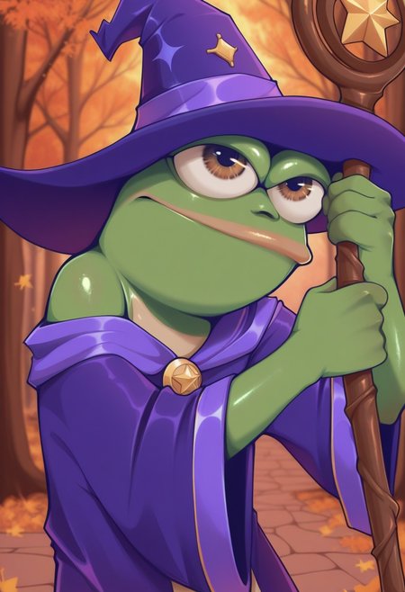 tozierstyle, masterpiece,  best quality, solo,  pepe the frog,  autumn tree background, battle pose,   (detailed body), big eyes, shiny skin, green skin, wizard hat, wizard outfit, holding magical wizard staff,