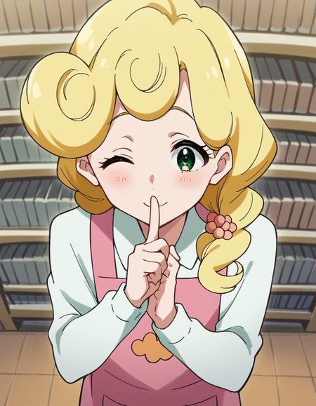 score_9, score_8_up, score_7_up, source_anime, <lora:kaori-hanase-s1-ponyxl-lora-nochekaiser:1>, kaoru hanase, long hair, blonde hair, hair over shoulder, green eyes, curly hair, otoko no ko,, apron, shirt, collared shirt, long sleeves, pink apron, denims, pants,, gym storeroom, equipment, supplies, cleaning, storage, , <lora:shushing-ponyxl-lora-nochekaiser:1>, shushing, finger to mouth, index finger raised, from above, library, smile, blush, one eye closed, dutch angle,, looking at viewer, solo,, dutch angle, cowboy shot