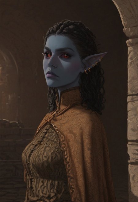 safe_pos, solo, short pointy ears, piercings, nord woman, random elf face, aquiline features, dark elf, weathered skin, large nose, animated realism, zoomed out, Syrian features, torso, brass pipes and gears, intricate architecture, dwarven masonry, dwemer fixtures, white-green light, gloomy lighting, ancient ruins, interior, stone tiled floor, grey-blue skin, mahogany and ivory clothes, medium armor, bone plate armor, ivory straps and fittings, grey wood neckguard, dark red sclera, black pupils, distant mushroom forest, blue-green light, neon, highly detailed, defined features, looking at viewer, three quarters view, from side, dynamic lighting, 36 years old, light and shadows, patterned cloth, annoyed expression, expressive eyes, detailed medieval clothes, medium_breasts, cropped hair, wavy hair, thick hair, beaded hair, braided hair, under cut hair, semirealistic, alien elf, spanish features, jewish features, black hair, dark red hair, umber skin, sharp features, red persian print cloak, nighttime, high detail, absurdres, pretty eyes, detailed eyes, red eyes,