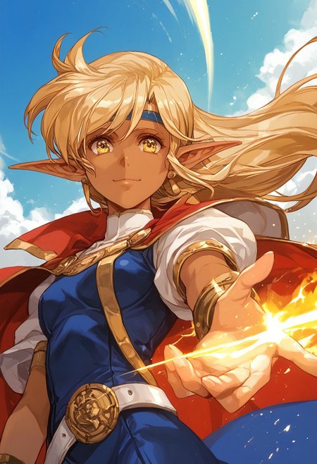 score_9, score_8_up, score_7_up, score_6_up, score_5_up, score_4_up, detailed, intricate details, source_anime, , (best quality) , (highly detailed) ,((masterpiece)), ((best quality)), (ultra-detailed), ((extremely detailed)), (high resolution), 4K, (8K), best quality, (beautiful), (dynamic lighting), (super detailed skin), sharp focus, (1_girl, solo focus), score_9,score_8_up,score_7_up,anime coloring, <lora:Sonia_langrissera¡_XL:1> Sonia_langrissera¡, blonde hair, long pointy ears, breasts, elf, 1990s (style), dark-skinned female, dark skin, dark elf,  headband, yellow eyes,
standing at attention, earrings, jewelry, red cape, blue dress, short sleeves, elbow gloves, yellow gloves, belt, blue skirt, black socks, boots, floating, dutch angle, light smile, eye focus, closed mouth, looking at viewer, facing viewer, reaching towards viewer, outstretched arms, wind, floating hair, fire, aura, lightning, light particles, light rays, blue sky, cloud, sunlight, lens flare, upper body, detailed face and detailed skin <lora:add-detail-xl:1.0> ,(((feminine bodies))),(((perfect anatomy))), (((correct arms))), (((correct hands)))