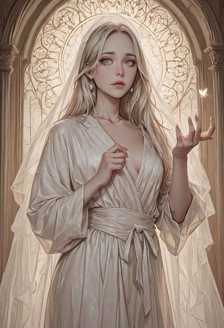 darkmode, (((best quality))), (((masterpiece))), (((amazing quality))), (((very aesthetic))), (((detailed eyes))), (((perfect eyes))), (((realistic eyes))), platinum blonde woman in a flowing silk robe, standing near a tall arched window with sheer drapes, golden hour light outlining her ethereal silhouette, smooth porcelain skin glowing softly, halo-like glow above her head, soft focus background, elegant hand gesture, pearl earrings, serene and divine mood, subtle film grain, timeless noir glamour, 58mm lens,
