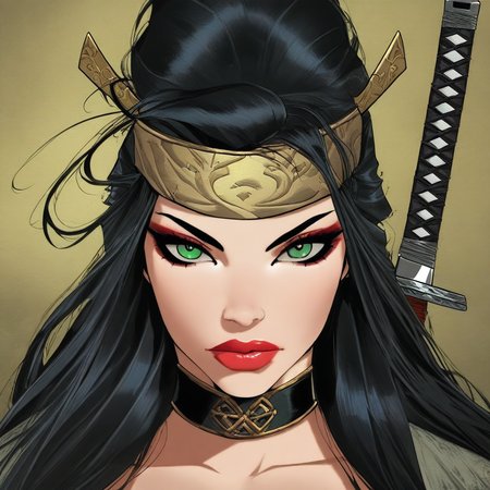 masterpiece, high score, great score, absurdres, SUP3RH3R0 Style, 1girl, solo, weapon, sword, headband, makeup, black hair, green eyes, katana, lipstick, portrait, lips, choker, long hair, looking at viewer, hair ornament, comic art style