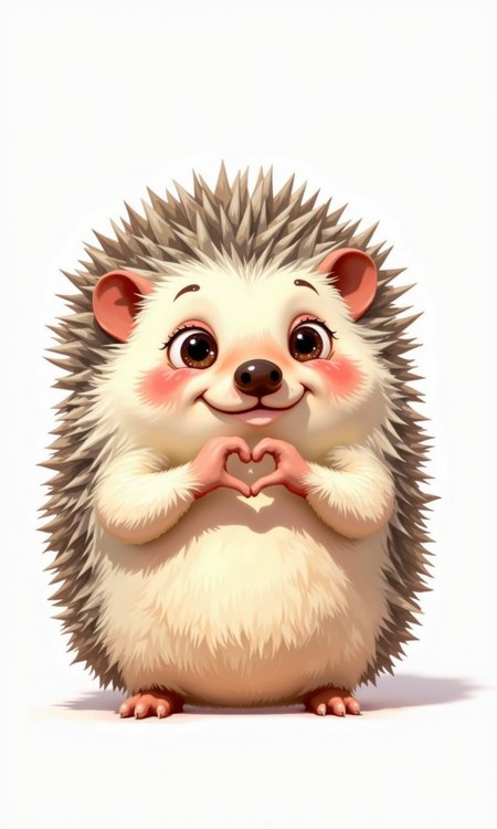 Close-up of a digitally rendered, cartoonish hedgehog. 
The hedgehog is small and round, with a soft, fluffy, light beige/cream colored body.  Its quills/spines are a light brownish-gray color, and are densely packed. The quills are rendered with varying textures and shades to create a sense of depth and dimension.
The hedgehog's face is expressive, with large, round, dark eyes and a small, gentle-looking nose.  Its mouth is in a slight smile. The hands are making a heart shape with their fingers, giving the creature a sweet, or endearing expression.
The background is plain white, which allows the hedgehog to stand out and be the primary focus of the image. The lighting appears soft and bright, highlighting the details of the creature's fur and features. The overall style is very cute and stylized, suggestive of digital illustration or animation.
<lora:FLUX-daubrez-DB4RZ-v2:1> DB4RZ, DB4RZ style painting
