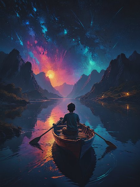 impactful color paint of  boy rowing a boat in the sea of the starry night with mysterious light, digital art style, illustration painting,  <lora:Bold_Pop:0.6> ...........  highly detailed, vibrant colors , 8k, sharp, professional, clear, high contrast, high saturated, , vivid deep blacks, crystal clear