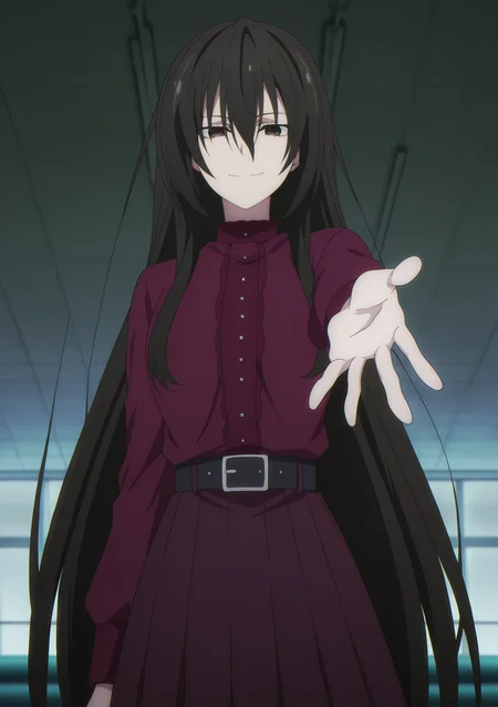 volumetric lighting, official style, amazing quality, ultra detailed, highres, detailed background,anime coloring, (anime screencap) masterpiece, detailed face,1girl  <lora:Kirukiru_Amou__:0.9>Kirukiru_Amou, long hair, solo, black hair, skirt, dark brown eyes, very long hair, belt, looking at viewer, smile, shirt, airport background, reaching out to viewer