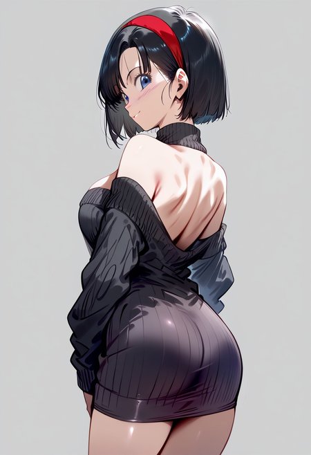 score_9, score_8_up, score_7_up, score_6_up, source_anime, masterpiece, best quality, high quality, highres, cinematic lighting, (solo, grey background, back view, Expressiveh, closed-up, source_anime), (1girl, VidelDBZ, black hair, short hair, bob cut, open eyes, large breasts, cleavage, long legs, bare legs, blush, sexy smile, standing, hands at back, looking back at viewer, red hairband, shoulderless black sweater, skirt sweater)