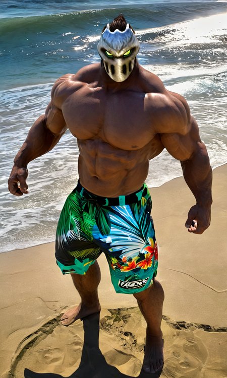 a man standing at the beach, mask, muscular,  ricktaylorsdxl, surf shorts,  <lora:ricktaylorsdxl:1>, best quality, masterpiece, glowing eyes, highly detailed, hawaiian shirt, tropical