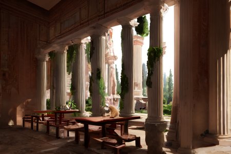 highly insanely detailed, masterpiece, top quality, best quality, highres, 4k, 8k, RAW photo, (very aesthetic, beautiful and aesthetic),  
Ancient Roman Interior Design,RomInt,ancient_roman_dining_room,Triclinium,functional_design,open_air_light, 
<lora:RomanInterior-10:1>, 
(1girl:1.3), 
1other, 
, 
, 
(furry,anthro,Fluffy body:1.3),(Fluffy), 
at twilight, 
, 
half_moon,shattered_moon,moonlight,full moon,midnight,day,autumnâââ