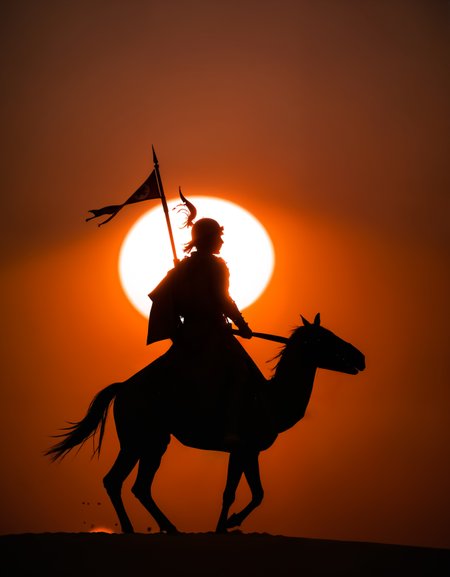 zavy-slhtt, silhouette of a cataphract on dune in desert in front of rising sun at dawn, heavy cavalry, 100mm f/2.8 macro lens,