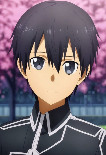 high resolution, solo, best quality, 1Boy, Kazuto Kirigaya, Black Hair, Black Eyes, Looking at viewer, happiness, depth of field, half body, outdoor, OverallDetail