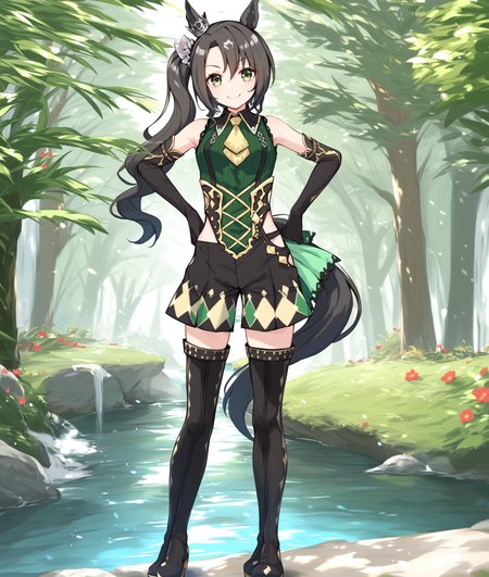 score_9, score_8_up, score_7_up BREAK
shobufuku, 1girl, solo, long hair, looking at viewer, smile, black hair, thighhighs, gloves, animal ears, green eyes, (standing, tail, full body), boots, shorts, sleeveless, black gloves, elbow gloves, (black footwear), side ponytail, thigh boots, black shorts, horse ears, horse girl, horse tail, hands on hips, 
five fingers, <lora:satono_crown-ponyXL-000004:1>,