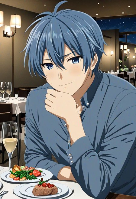 high resolution, solo, best quality, 1Boy, Tomoya Okazaki, Grey Blue Hair, dating, romantic, dinner, OverallDetail