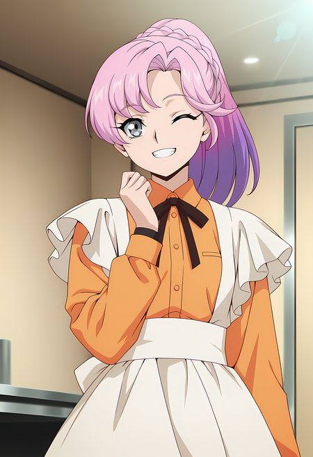 masterpiece,best quality,amazing quality,

1girl, solo,

Nao Inabe (Cardfight Vanguard), long hair, purple hair, pink hair, multicolored hair, grey eyes,

maid outfits, ponytail, braid, neck ribbon, orange shirt, long sleeves, shirt, white apron, dress, long sleeves,

cinematic, smile, teeth, ok, wink, 

Indoors, 

Lens flare, bloom,

Official style, anime screencap, anime coloring,

















