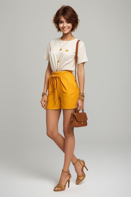 masterpiece,best quality,ultra_detailed, bellissima, 1girl , smile, haircut style pixie, bag, bracelet, brown hair, closed mouth, high heels, holding bag, jewelry, legs, realistic, shirt, short hair, simple background, socks, solo, westwood style solo