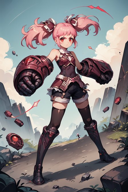 source_anime, unipmika, pink hair, pigtails, gauntlets, full body, red eyes, dynamic pose, dashing forward, open hand, running, leaning forward, looking at viewer, reaching out, striking with one fist, <lora:Pink_Mika:0.6>,  iron boots, black thigh highs,  <lora:visualnovel_pony_SDXLPONY_r12_768_dim32-a1-adamW:0.7> visualnovel_pony, outdoor, flying rocks, heavy impact on ground, futuristic, cyberpunk, score_9, score_8_up, score_7_up