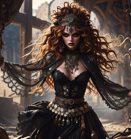 RAW photo, (masterpiece:1.3), subsurface scattering, heavy shadow, (high quality:1.4), (intricate, high detail:1.2), professional color photography, HDR, High Dynamic Range, realistic, ultra realistic, photorealistic, high resolution, film photography, ambient lighting, atmospheric effects, <lora:detail_slider_v4:2>, OverallDetail, a beautiful female gypsy, wild red hair, dark makeup, jewelry, tiara, wearing intricate black clothes, shawl, (casting a spell), dynamic pose, ((cowboy shot)), <lora:Gypsy:1>,  <lora:FantasyHeaddress:0.4> FanHe, epiCPhoto