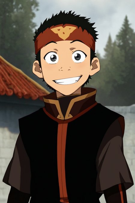 score_9, score_8_up, score_7_up,  <lora:Aang:0.8>, 1boy, solo, aang, fire nation clothing, headband, short hair, black hair, black eyes, looking at viewer, upper body, grin, outdoors,