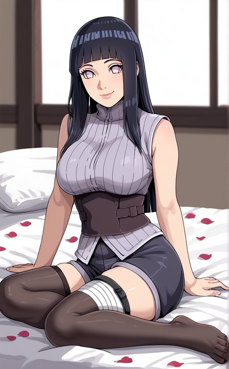 score_9, score_8_up, score_7_up, yokozuwari, barefoot, bed, blurry background, depth of field, indoors, on bed, petals, pillow, shouji, sitting, sliding doors, arm support, looking at viewer, smile, toes, bloom, sidelighting,   <lora:PONYXL_NARUTOShipp_HyugaHinata_ownwaifu:1>, BREAK MainBareshoulders_HyugaHinata_ownwaifu, 1girl, black hair, blunt bangs, hyuuga hinata, long hair, no pupils, purple eyes, straight hair, sleeveless, large breasts, bare shoulders, black shorts, hime cut, short shorts, shiny hair, thigh strap, bandaged leg, sash, sleeveless shirt, black thighhighs, thigh holster, thighhighs, thigh pouch, corset, grey shirt, turtleneck, sidelocks, belt, fishnet thighhighs, fishnets, lips, ribbed sweater, underbust, blunt ends, high collar, holster, zettai ryouiki,<lora:add-detail-xl:0.15>,