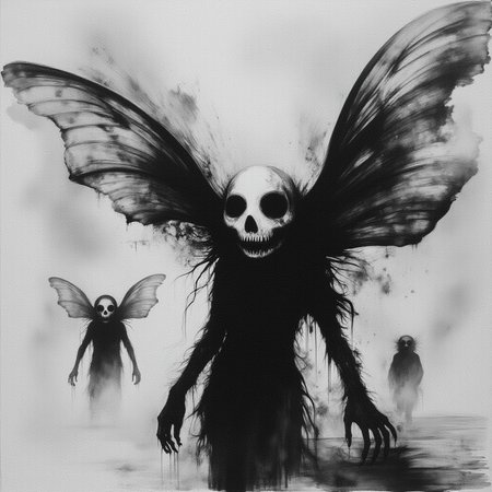 The image is a black and white illustration of a demonic figure with a skull-like face and wings. The figure appears to be standing in a foggy, misty environment with a few other figures visible in the background. The figures are shrouded in a thick fog, giving the impression of a mysterious and eerie atmosphere. The overall mood of the image is dark and eerie.