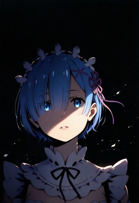 1girl,Rem (Re: Zero), solo, dark, light, masterpiece, best quality, very aesthetic, close up,  parted lips