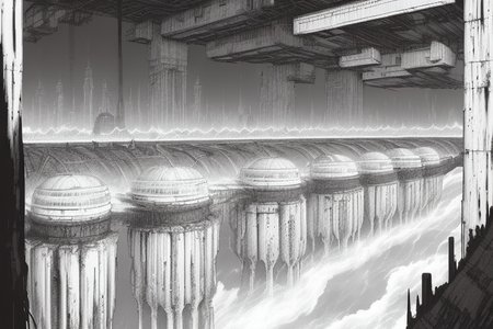 cyberpunk building structures, detailed background, vast, gigantic, decrepit scenery, covered in large tubes and cables, dim light, ((heavy black and white)), <lora:Blame!:1>