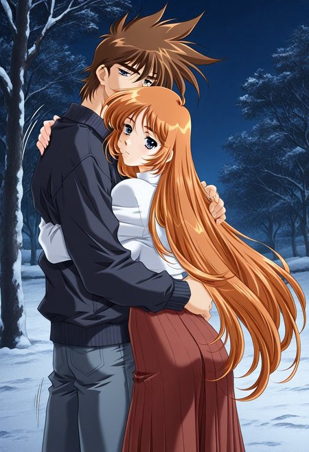 masterpiece, best quality, newest, highres, uncensored, 1girl, yokota mamoru style,1girl, slender face，motion lines,Kobayakawa_Mizuho, blue eyes, very long hair, orange hair, bangs, breasts,Brown Hair , Waist Length hair, Blue Eyes,1990s (style),slim,
distance view,1girl, 1boy, long hair, snow, hetero, couple, night, sky, skirt, spiked hair, from behind, outdoors, tree, hug