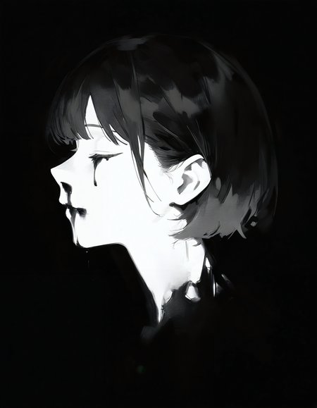 very awa, masterpiece, best quality, newest, absurdres, <lora:Gra0158>, abstract painting, painting, brush strokes, 1girl, solo, blood, female focus, monochrome, blood from eyes, blood from mouth, from side, greyscale, closed eyes, blood on face, portrait, short hair, nosebleed, closed mouth, black background,