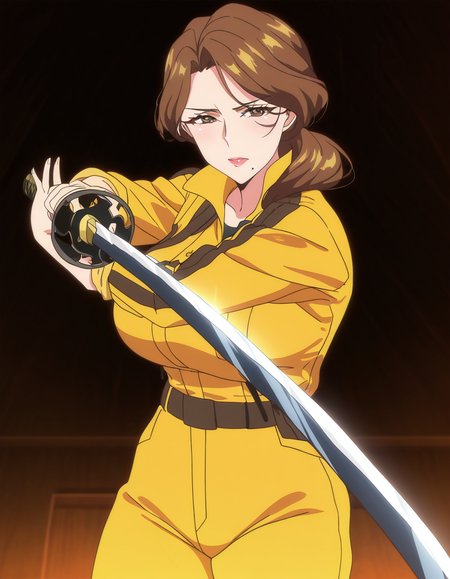 masterpiece, best quality, newest, absurdres, highres, safe,, <lora:yumiko-kimura-ova-ponyxl-lora-nochekaiser:1>, yumiko kimura, long hair, brown eyes, mole, huge breasts, mole under mouth, mature female, brown hair, anime screencap, <lora:sword-guard-stance-illustriousxl-lora-nochekaiser:1>, sword guard stance, sword, weapon, solo, katana, holding, holding weapon, holding sword, looking at viewer, jumpsuit, yellow jumpsuit, high collar, cowboy shot, pants,, ,