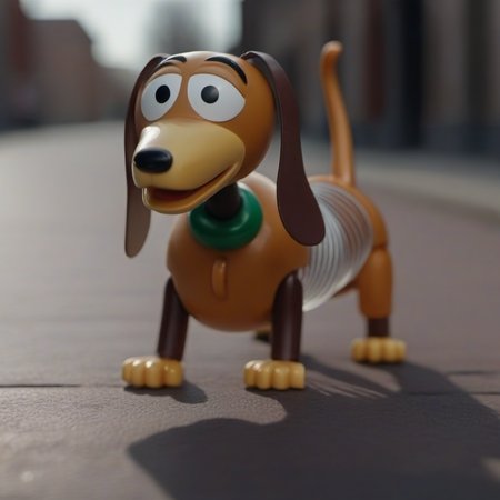 cinematic photo a sideview of a toy dog with a spring body  walking a in street<lora:SlinkyDog1024:0.8> . 35mm photograph, film, bokeh, professional, 4k, highly detailed