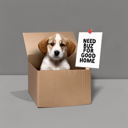 sad puppy in box with a sign saying "Need buz for good home"