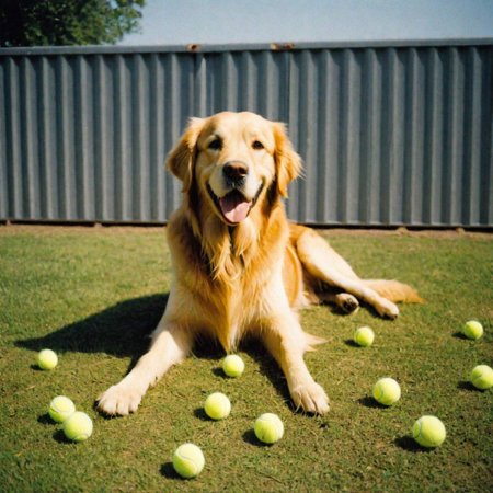 A portrait of a happy golden retriever sitting in front of a container that is full of tennis balls, beautiful summer day, found photo, ((year 
1995)), polaroid film photography, soft focus, high quality, sharp image, (film grain: 1.4), analog style, shot with Kodak 400: 1.3)