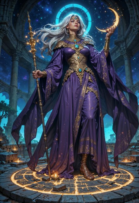 A celestial witch standing atop an ancient observatory, her shimmering gown reflecting the constellations above. Her long silver hair floats weightlessly, as though caught in an eternal breeze, and a delicate circlet of stars rests upon her brow. In her hand, she holds a staff ending in a crescent moon, glowing with a soft, ethereal light. The stone platform beneath her feet is carved with glowing runes, pulsating in rhythm with the stars. She gazes skyward, as if commanding the heavens themselves.