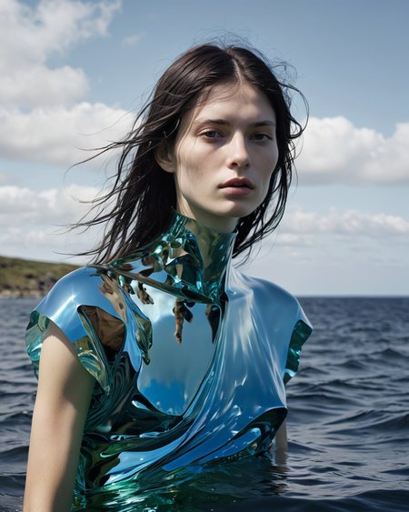 Fang hair tucking, water, reflections, transparency, sculptural, vivid color, The Shattering Isles, Hervé Guibert,  tenebrism, <lora:add-detail-xl:1>, <lora:xl_more_art-full_v1:0.8>