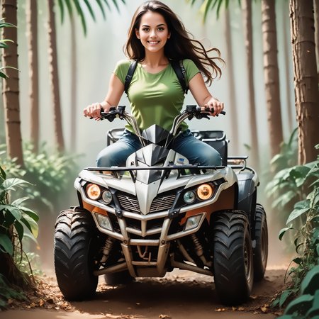 score_9, score_8_up, score_7_up, riqua (front view) , (slim 25yo female) riding a quad. green shirt and jeans shorts, sneakers , long brunette hair  <lora:RideQuadPony:1>