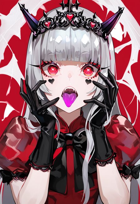 score_9, score_8_up, score_7_up, score_6_up, <lora:LAMXL_Js2_lokr_V4302:0.95> 1girl, gloves, solo, tongue, long hair, purple tongue, black gloves, red background, symbol-shaped pupils, tongue out, elbow gloves, colored tongue, grey hair, puffy sleeves, open mouth, puffy short sleeves, blunt bangs, red eyes, looking at viewer, upper body, short sleeves, dress, facial mark, tiara, heart, horns, simple background, hands on own face, crown, red dress, pink eyes, hands up, spider web, silk, teeth, star-shaped pupils, red theme, virtual youtuber, heart-shaped pupils, fangs, red hair, bow