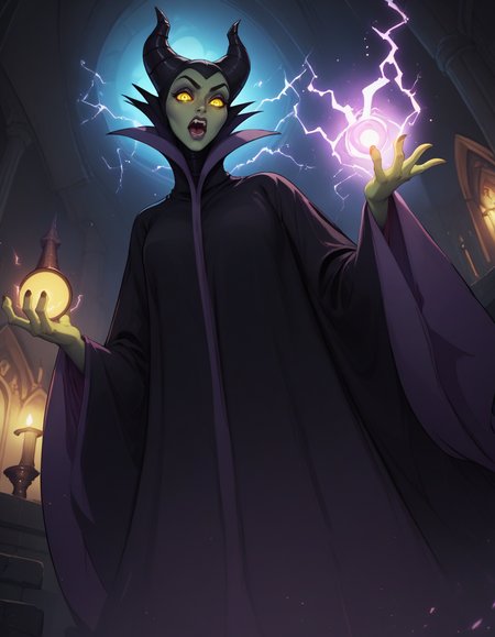 score_9, score_8_up, score_7_up,     
1girl, solo,
maleficentdg,
colored skin, yellow sclera, green skin, horned headwear, 
 wide sleeves, high collar, black cape, 
open mouth, 
from below, looking at viewer, glowing eyes, 
castle interior, night, magic, electricity, 
 <lora:Maleficent DG PXL v01-000003:0.90>