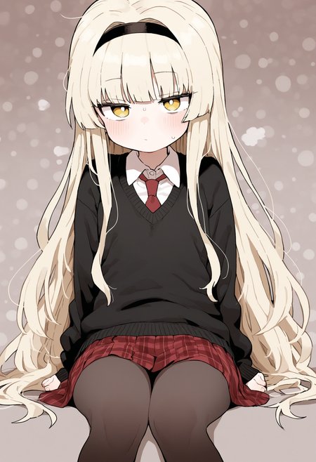 masterpiece,best quality,amazing quality,
long hair, skirt, necktie, 1girl, blonde hair, red skirt, pantyhose, sitting, red necktie, very long hair, shirt, sweater, looking at viewer, white shirt, yellow eyes, collared shirt, long sleeves, closed mouth, bangs, solo, hairband, pleated skirt, plaid skirt, black sweater, invisible chair, school uniform, polka dot,
<lora:Lativi_V2_epoch_10:1>