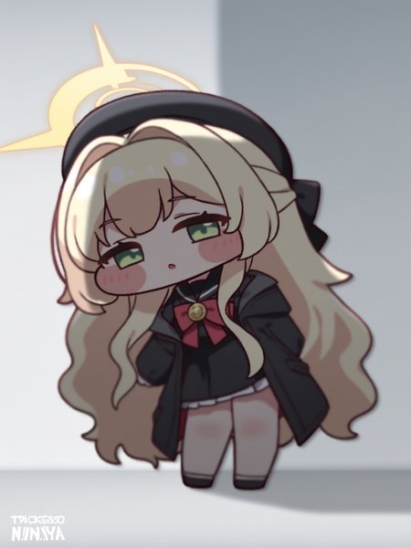 (trickcalcg, chibi:1.4), (blush stickers, blush), blue archive, professor niyaniya \(blue archive\), 1girl, artist name, beret, black coat, black hat, black sailor collar, black serafuku, black shirt, blonde hair, blush, bow, bowtie, coat, green eyes, hair intakes, half updo, halo, hat, long hair, looking at viewer, open clothes, open coat, red bow, red bowtie, sailor collar, school uniform, serafuku, shirt, simple background, solo, wavy hair, white background, yellow halo, 
colorful, (best shadow:1.2), golden hour lighting, (Depth of field:1.2), beautiful detailed glow,  
(masterpiece, best quality, absurdres, highres, newest:1.2), very awa, 