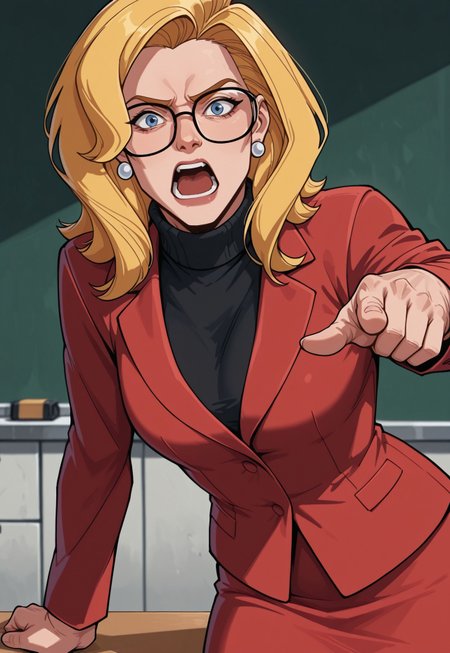 masterpiece, best quality, detailed, realistic, yelling, 1girl, solo, valco97, blonde hair, blue eyes, glasses, turtleneck, formal, red suit, red skirt, earrings, arm support, desk, pointing at viewer,