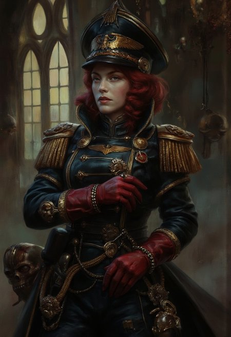 detailed photorealistic image, Exquisite female as (imperial commissar), dark redhead, warhammer 40k, black higly decorated longcoat, red gloves,( pointy eagle-shaped commissar cap), decorated with skull and ((aquila)) motives, pants with kneepads in the shape of skull, dramatic angle, (oil painting), in (ukiyo-e art style:0.3), (by Edgar Degas:1.1), (by Pierre-Auguste Renoir:0.7), (by Claude Monet), (by Vincent Van Gough:1.2), (by J M W Turner:1.2)
,  directional lighting, masterpiece, perfect composition, perfect hands  <lora:ARTifacts:0.8> , w4rh4mm3r style oil painting