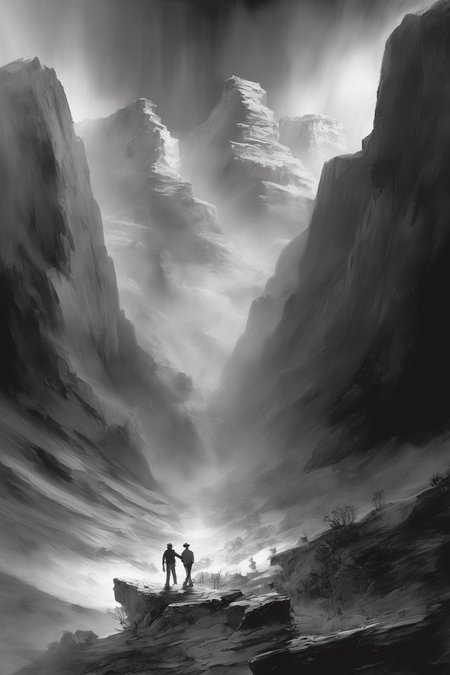 John Martin Style - living a very happy life on the surface in the syle of bob ross, a grand canyon sized tectonic event rips across the land in the style of michael bay, falling into an underworld in the style of stephen gammell