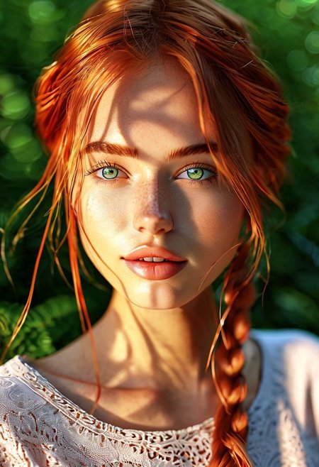 ((RAW fashion photo sophisticated)), (((extremely details of eyes, face and skin, backlighting))), sexy pose, smile,  (((Light Projection))), an half-body photo of 25 yo cute girl, stunning beauty, soft light, forest in background, beautiful green eyes, beautiful face, happy mood, color hair, red braided hair, light smile, beautiful hair, (((masterpiece)))(((volumetric lighting, high resolution, 8k, best quality, hyper detailed, ultra detailed, ultra high definition, 8k, super sharp focus, great detail of skin)))