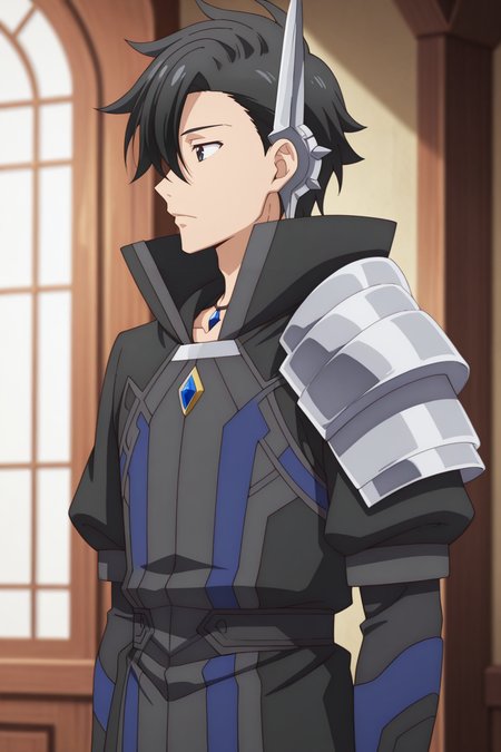 masterpiece, best quality, amazing quality,high resolution, intricate details,official style,depth of field,anime screencap,anime coloring, , , 1boy, solo, male focus,  <lora:kelvin_celsius:0.84>,kelvin celsius,black hair,black eyes,side swept,short hair,profile,black coat,accessory,jewelry,shoulder armor,expressionless,indoors,from side