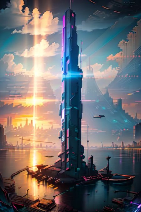 (Realistic:1.5) EdobSyFyCityLandscape, light rays, sunset, ocean, neon lights, lights, city lights, from behind, reflection, tower, silhouette, <lora:EdobSyFyCityLandscape_v1.0:0.8>