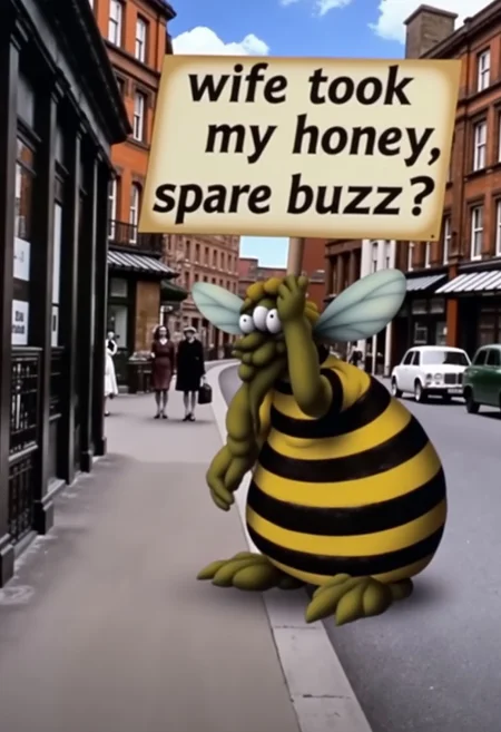 pythonstyle, A homeless bee sitting down, holding a sign on the street that clearly says "wife took my honey, spare buzz?"